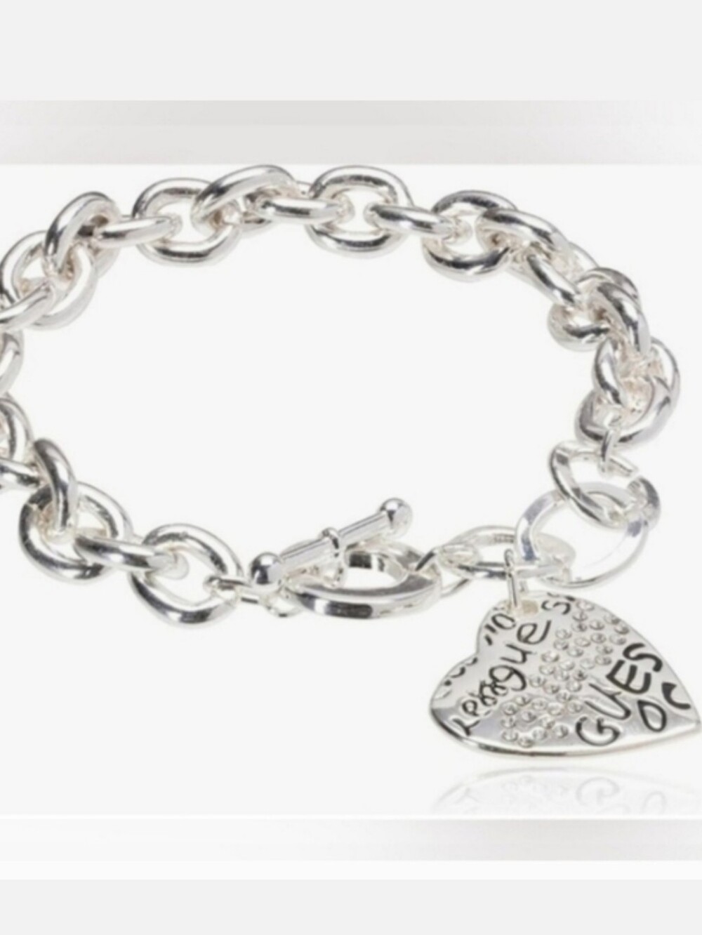 GUESS Est. 1981 Silver Tone Heavy Stainless Steel Heart Charm Chain Bracelet